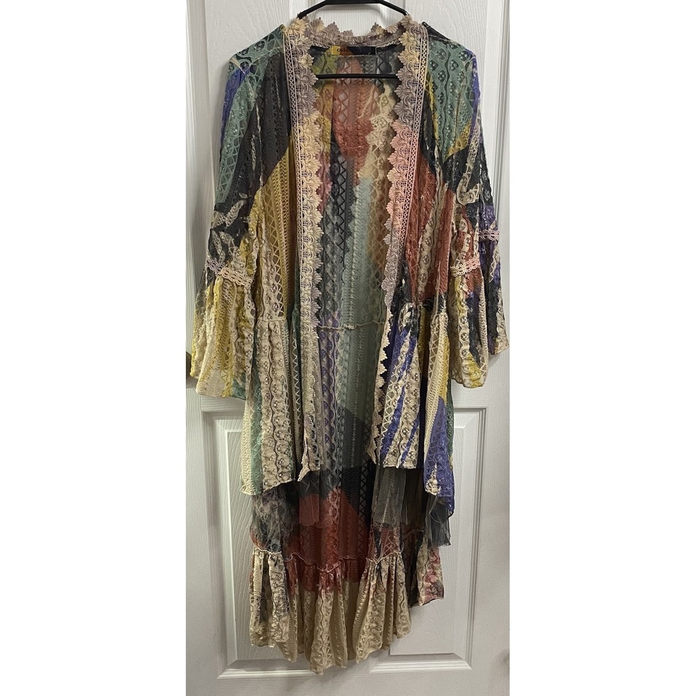 ORIGAMI Women Open Cardigan Bohemian Lace Western Duster Ruffles Kimono M/L-EUC